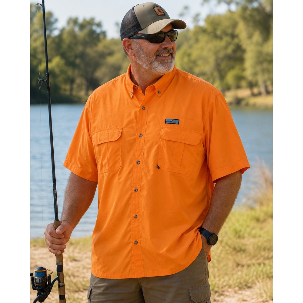 Xcaster Outdoor Mens 4X Orange Fishing Shirt Short Sleeve Ripstop Vented Pockets